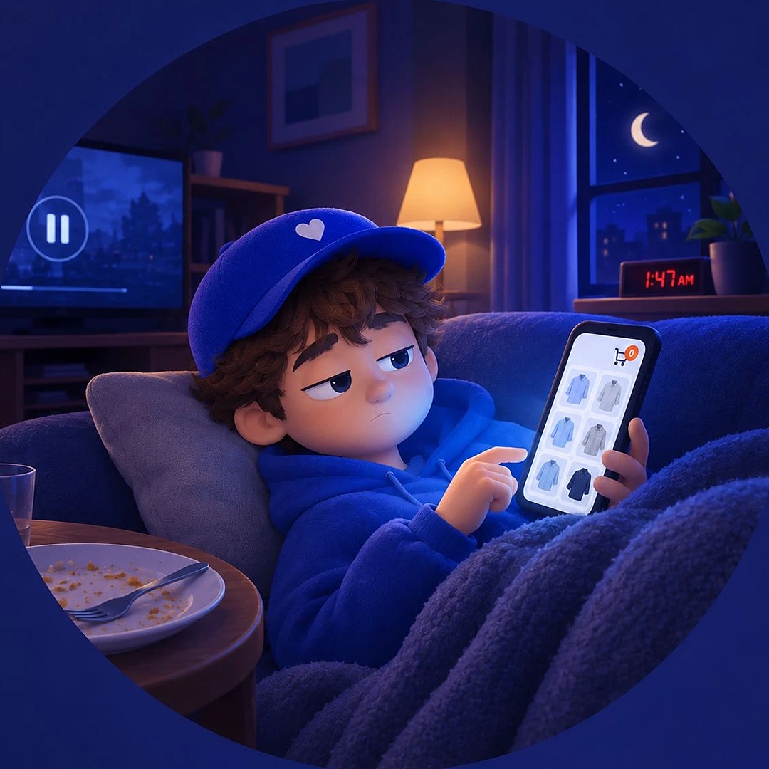 Late at night on the sofa he is still scrolling near-identical shirts; the cart shows 0, the clock says 1:47 AM, dinner has gone cold and the film is paused
