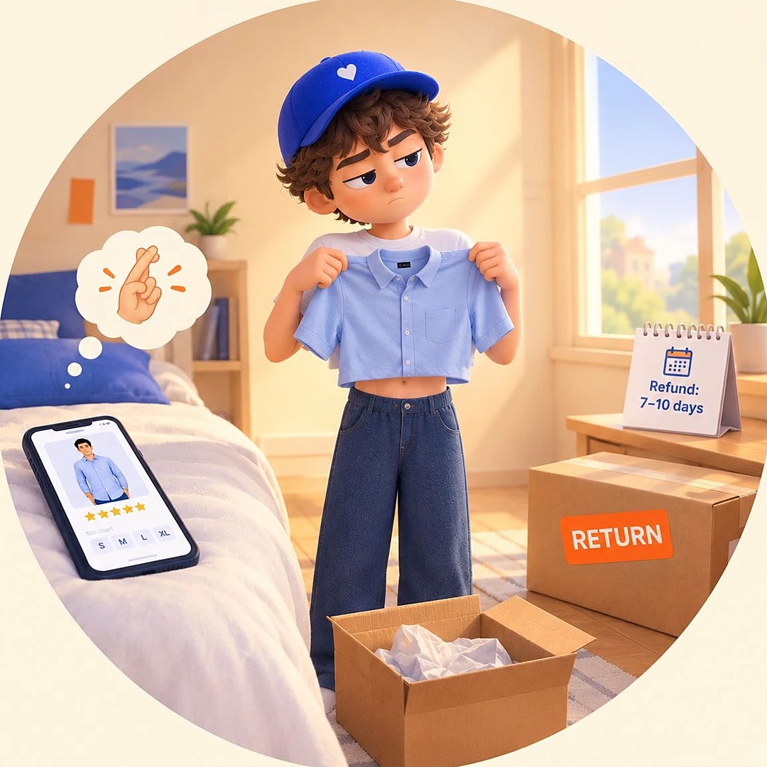 He holds up the shirt that arrived, far too small, while the phone still shows it looking perfect on a model; the box is packed for return, refund in 7 to 10 days