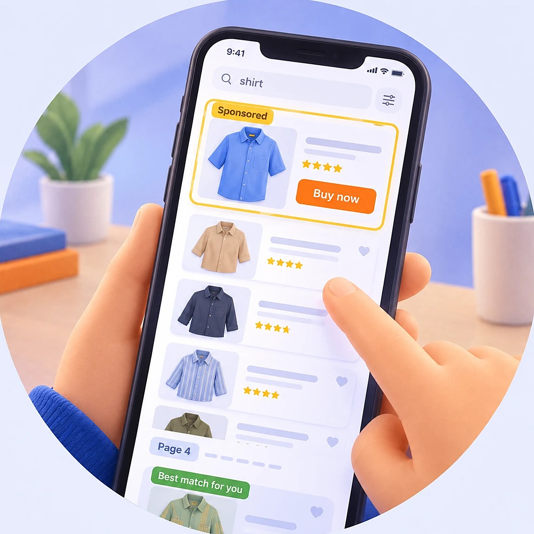 His phone search for a shirt: the Sponsored result sits on top with Buy now, while the best match for him is down on page 4